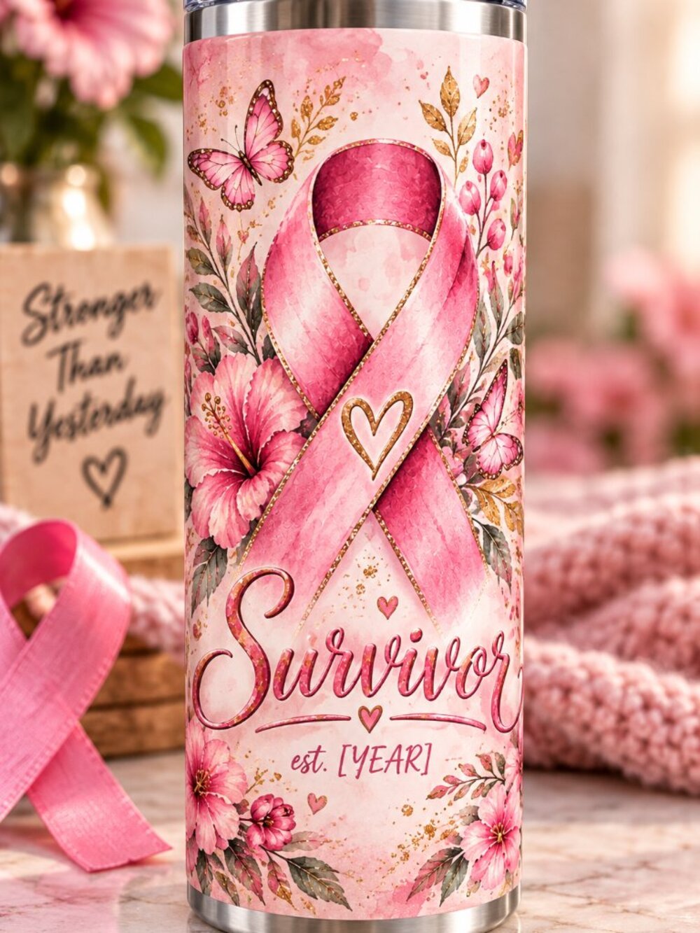 🎀 Customizable Breast Cancer Awareness Survivor Tumbler 🎀